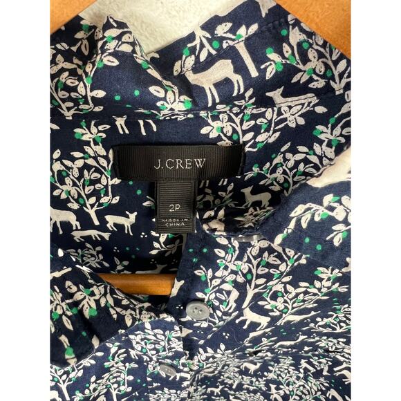 J. Crew Women's Allover Novelty Deer Trees Popover Button Up Blouse Size 2P - Picture 3 of 6